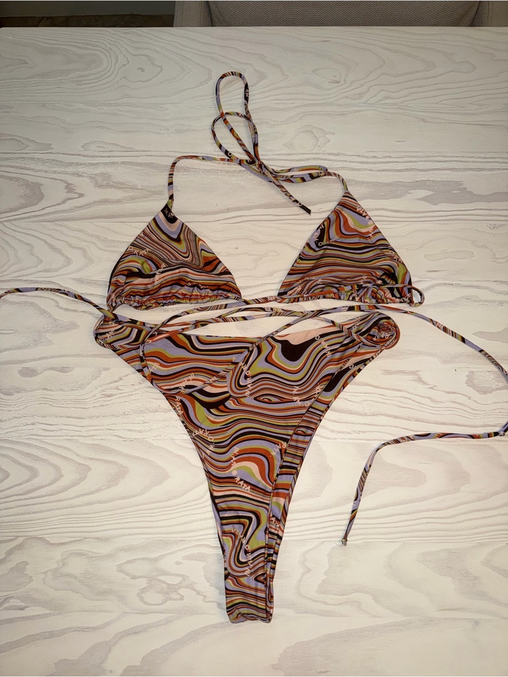 Inamorata Women's Brown Multi-Color Swirl String Bikini Top and Bottom Set